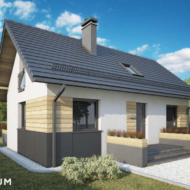 Mały parterowy dom jednorodzinny ze strychem do adaptacji, z pompą ciepła